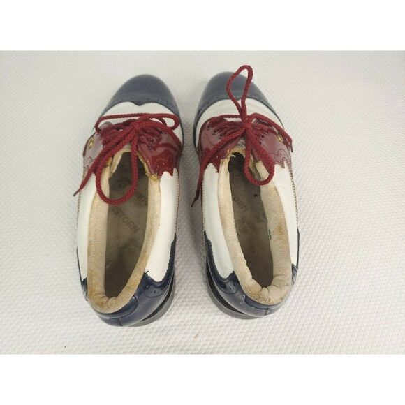 Vintage 60s Patent Leather Golf Shoes Oxfords Mens 9.5 Red White Blue USA - Picture 8 of 12